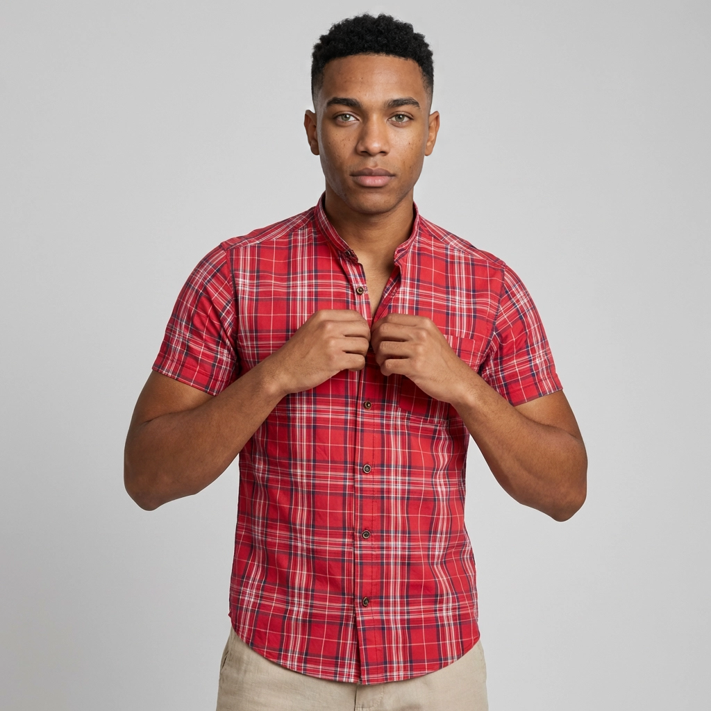 camisa manga  corta cuello neru a cuadros popelina