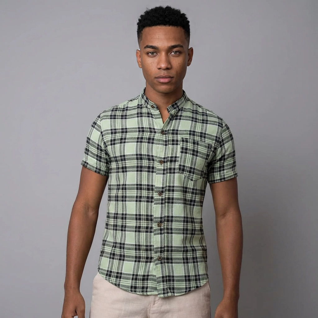 camisa manga corta cuello neru a cuadros en paño leñador