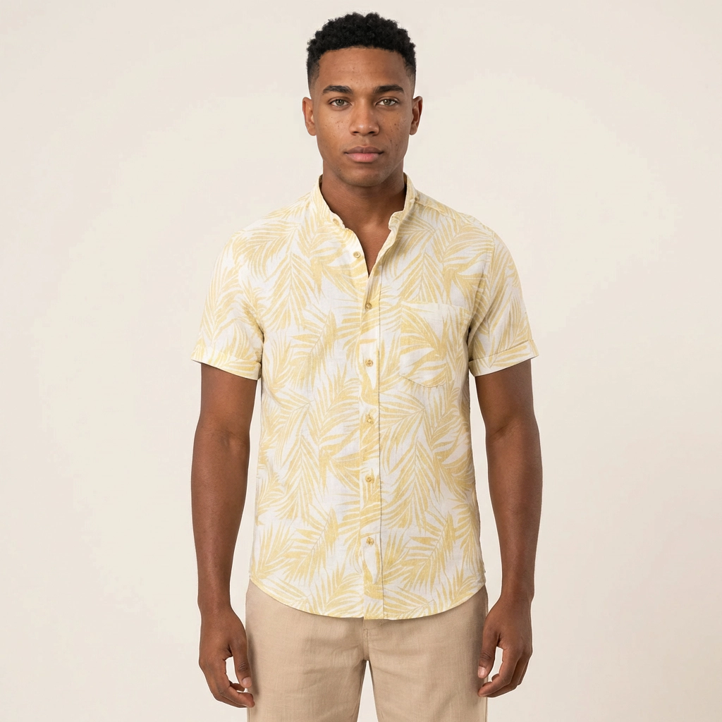 Camisa Lino Amarillo Pastel Hojas Blancas - Manga Corta Verano Fresco