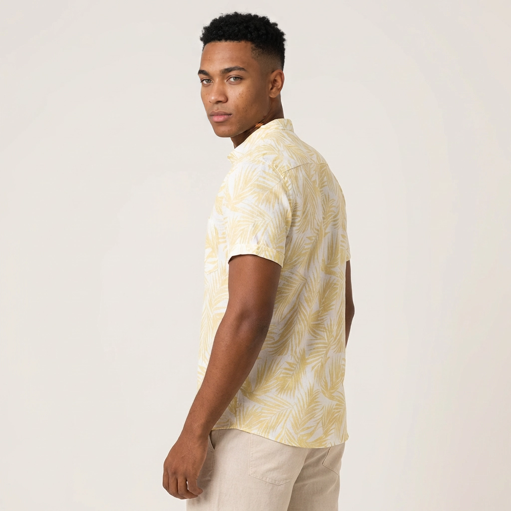 Camisa Lino Amarillo Pastel Hojas Blancas - Manga Corta Verano Fresco