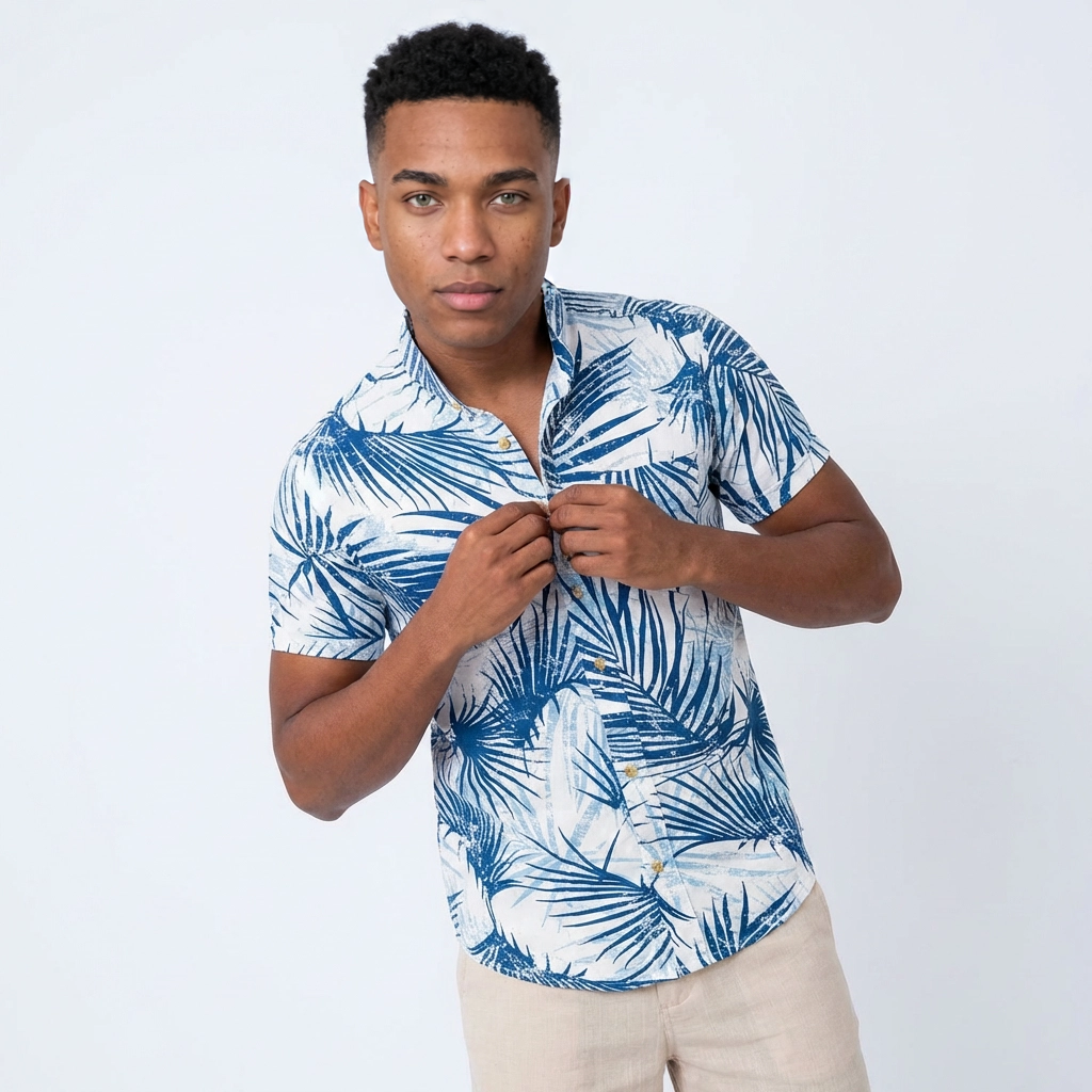 Camisa Chalís Blanca Palmeras Azul Índigo - Manga Corta Resort Premium