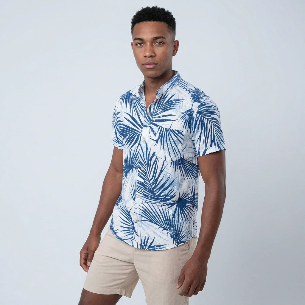 Camisa Chalís Blanca Palmeras Azul Índigo - Manga Corta Resort Premium