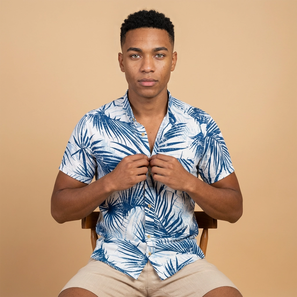 Camisa Chalís Blanca Palmeras Azul Índigo - Manga Corta Resort Premium