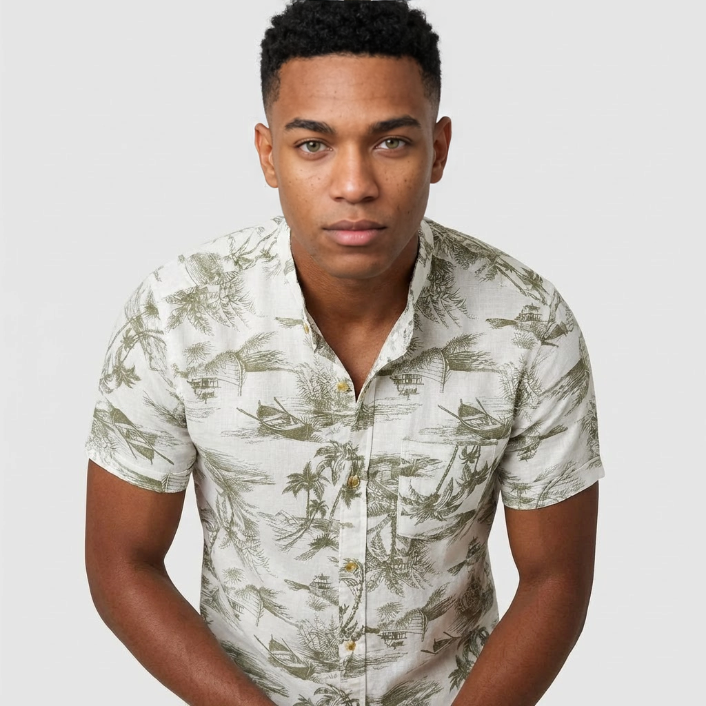 Camisa Lino Beige Paisaje Tropical Verde Oliva - Manga Corta Premium