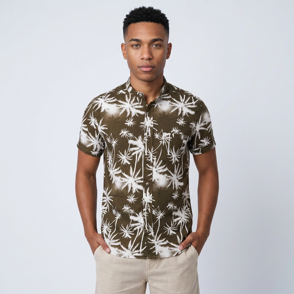 Camisa Chalís Café Chocolate Palmeras Tropicales - Manga Corta Resort Premium