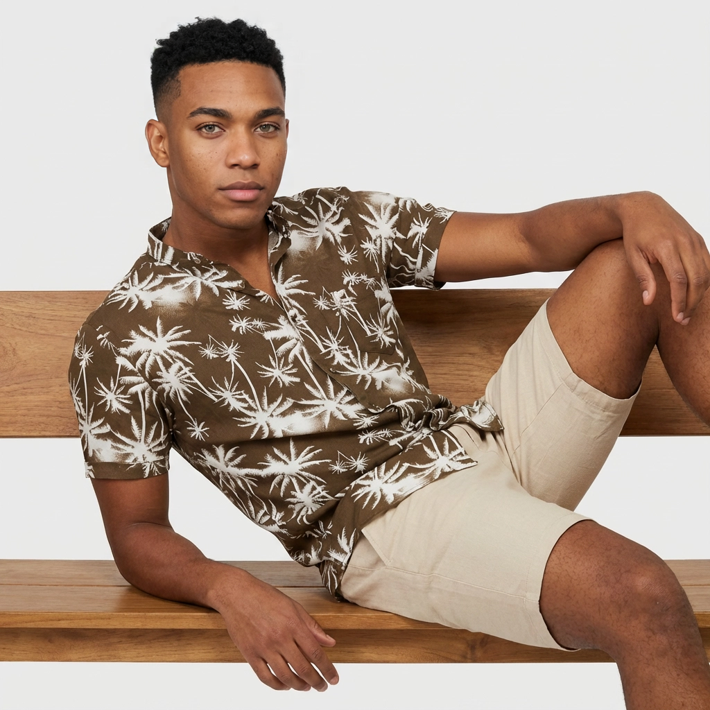 Camisa Chalís Café Chocolate Palmeras Tropicales - Manga Corta Resort Premium