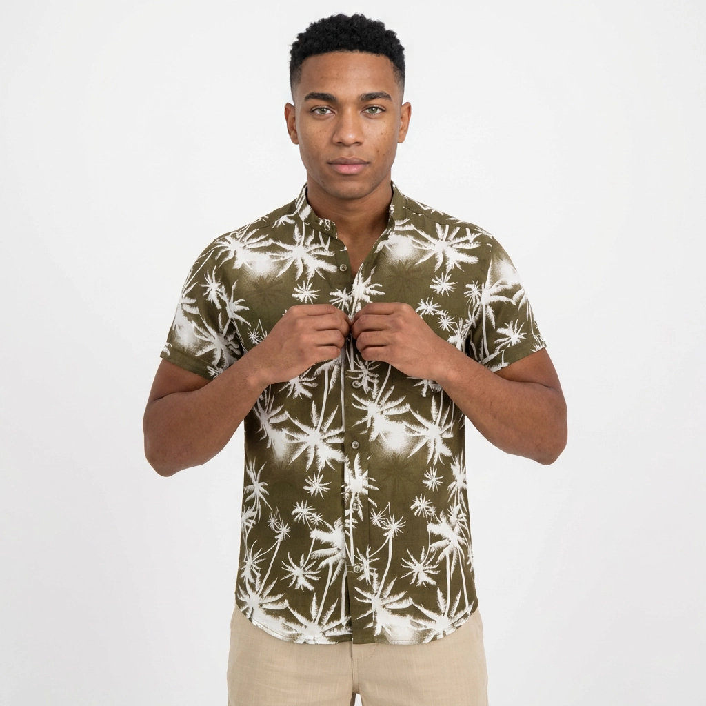 Camisa Chalís Café Chocolate Palmeras Tropicales - Manga Corta Resort Premium