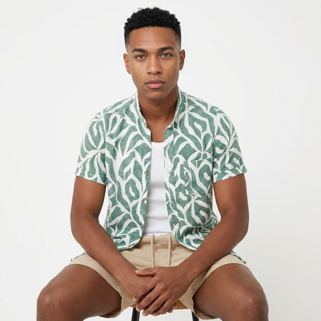 Camisa Chalís Verde Esmeralda Estampado Abstracto - Manga Corta