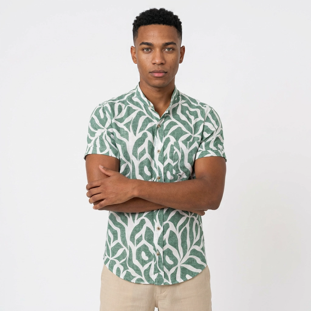 Camisa Chalís Verde Esmeralda Estampado Abstracto - Manga Corta