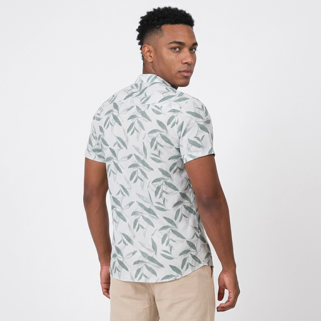 Camisa Chalís Blanca Hojas Verde Salvia - Manga Corta Botánica