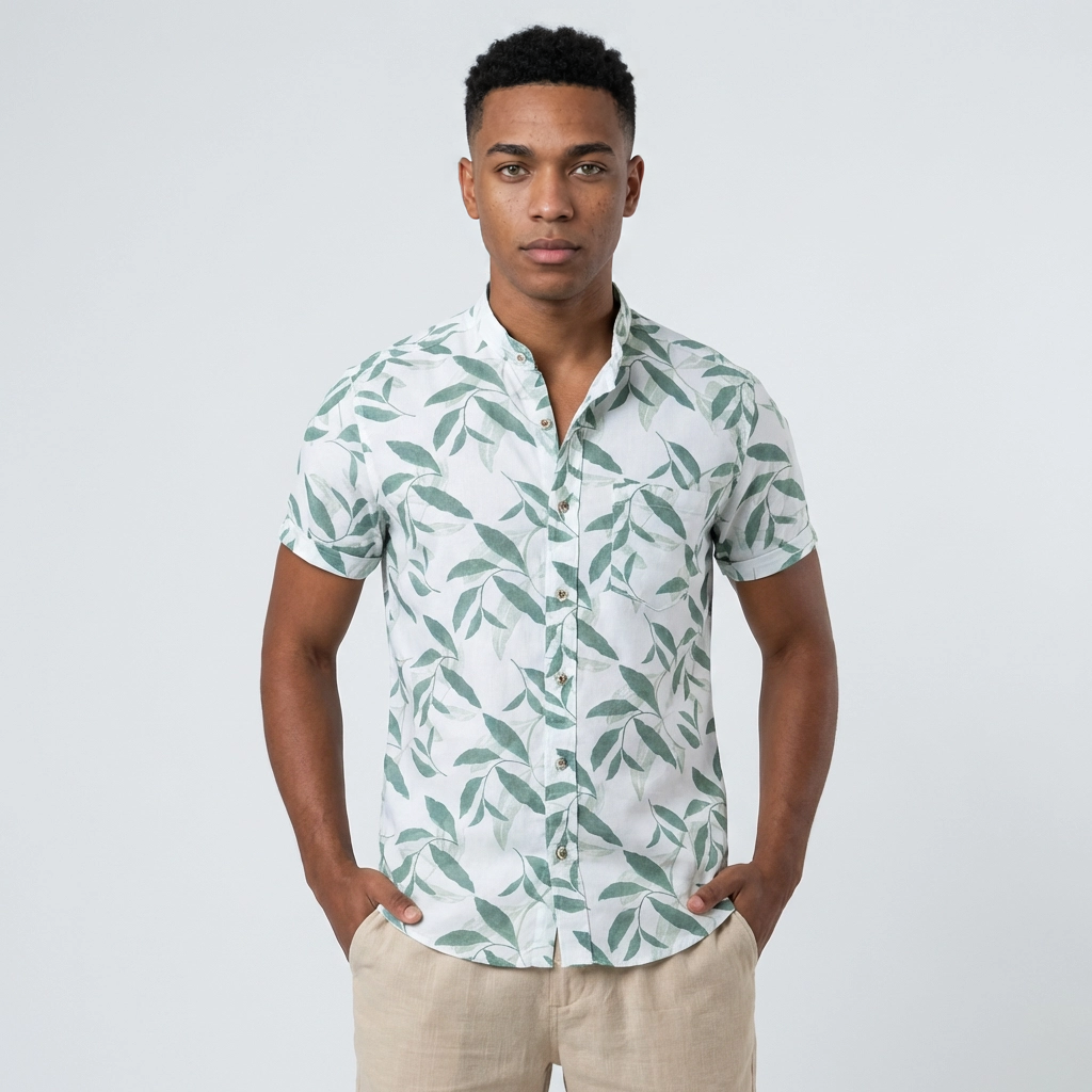 Camisa Chalís Blanca Hojas Verde Salvia - Manga Corta Botánica