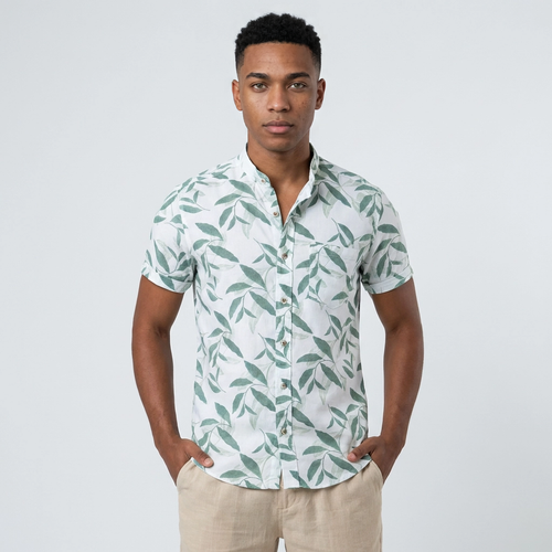 Camisa Chalís Blanca Hojas Verde Salvia - Manga Corta Botánica