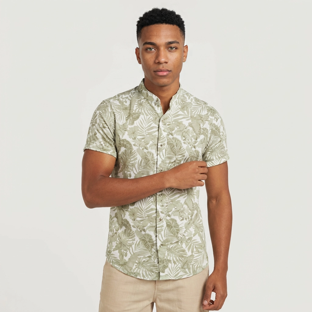 Camisa Chalís Beige Camuflaje Tropical - Manga Corta Fluida Premium