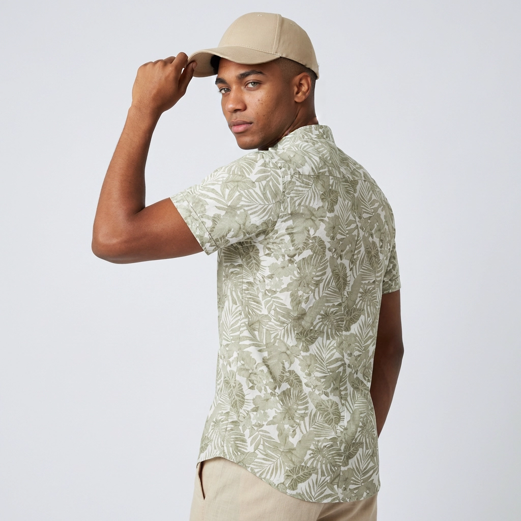 Camisa Chalís Beige Camuflaje Tropical - Manga Corta Fluida Premium